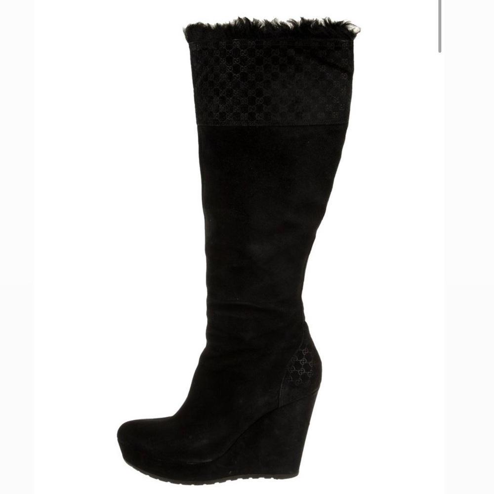 Gucci Boots Gucci Suede Fur Microguccissima Courtney Tall Wedge Platform Boots